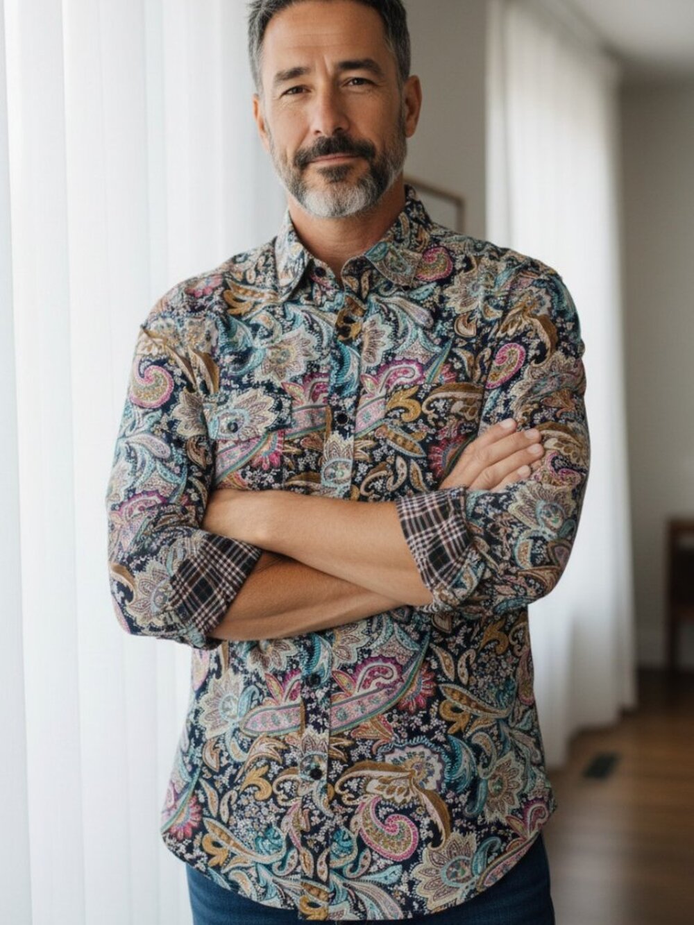 COOFANDY Shirt Mens Sz Small Button Up Flip Cuff Paisley Print Shirt